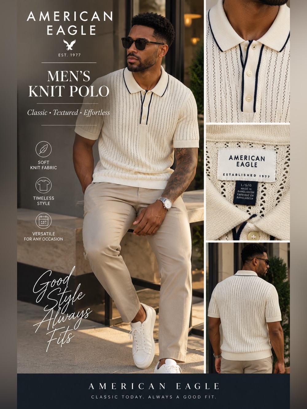 American Eagle Outfitters Men’s Knit Polo Shirt — Cream size Large
